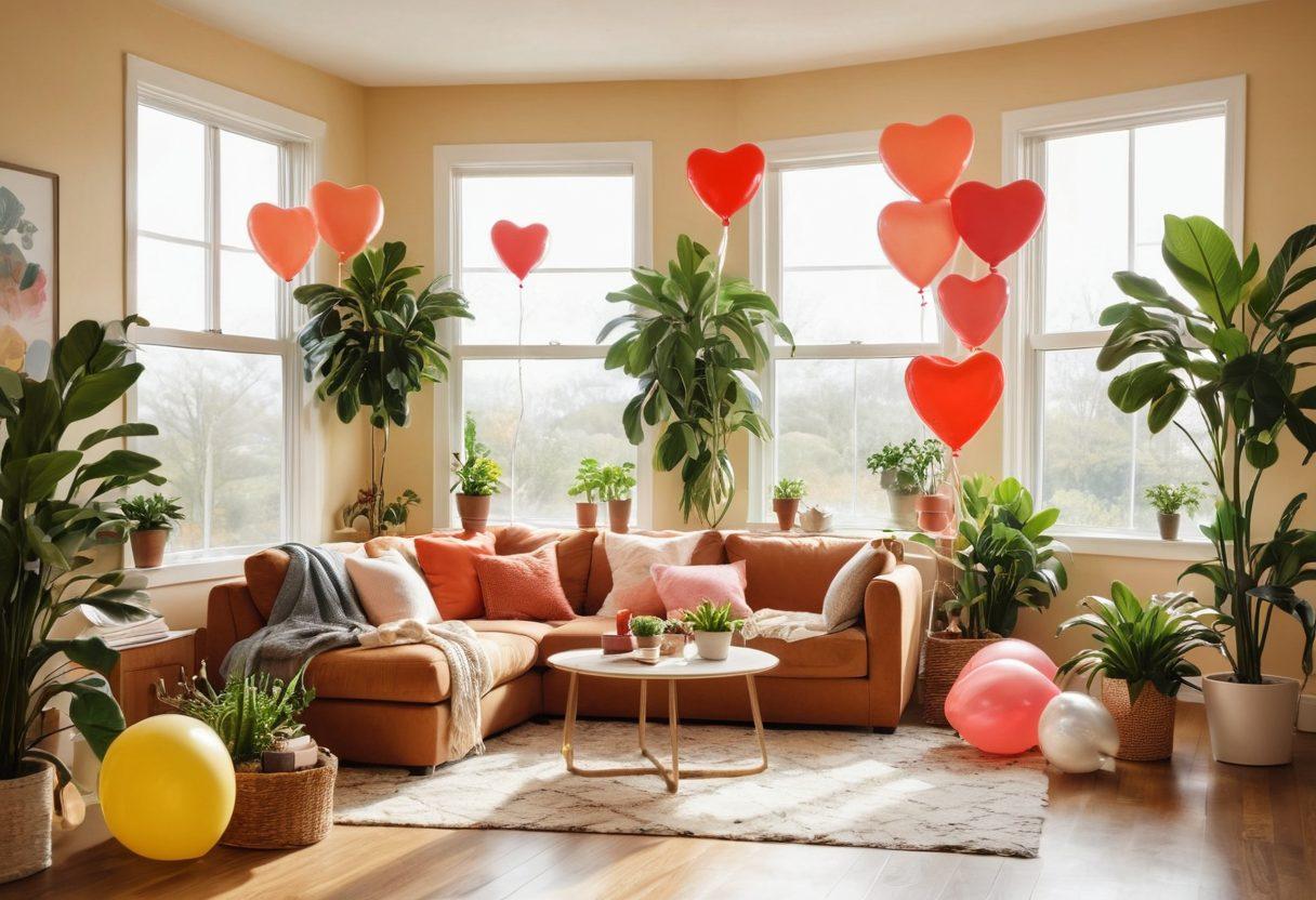 A cozy living room setting with a couple joyfully unpacking boxes, surrounded by heart-shaped balloons and home decor items. A lush indoor plant in the corner and a window showing a sunny day outside symbolize growth and new beginnings. A subtle heart motif is incorporated in the background. warm tones and soft lighting. super-realistic. vibrant colors.