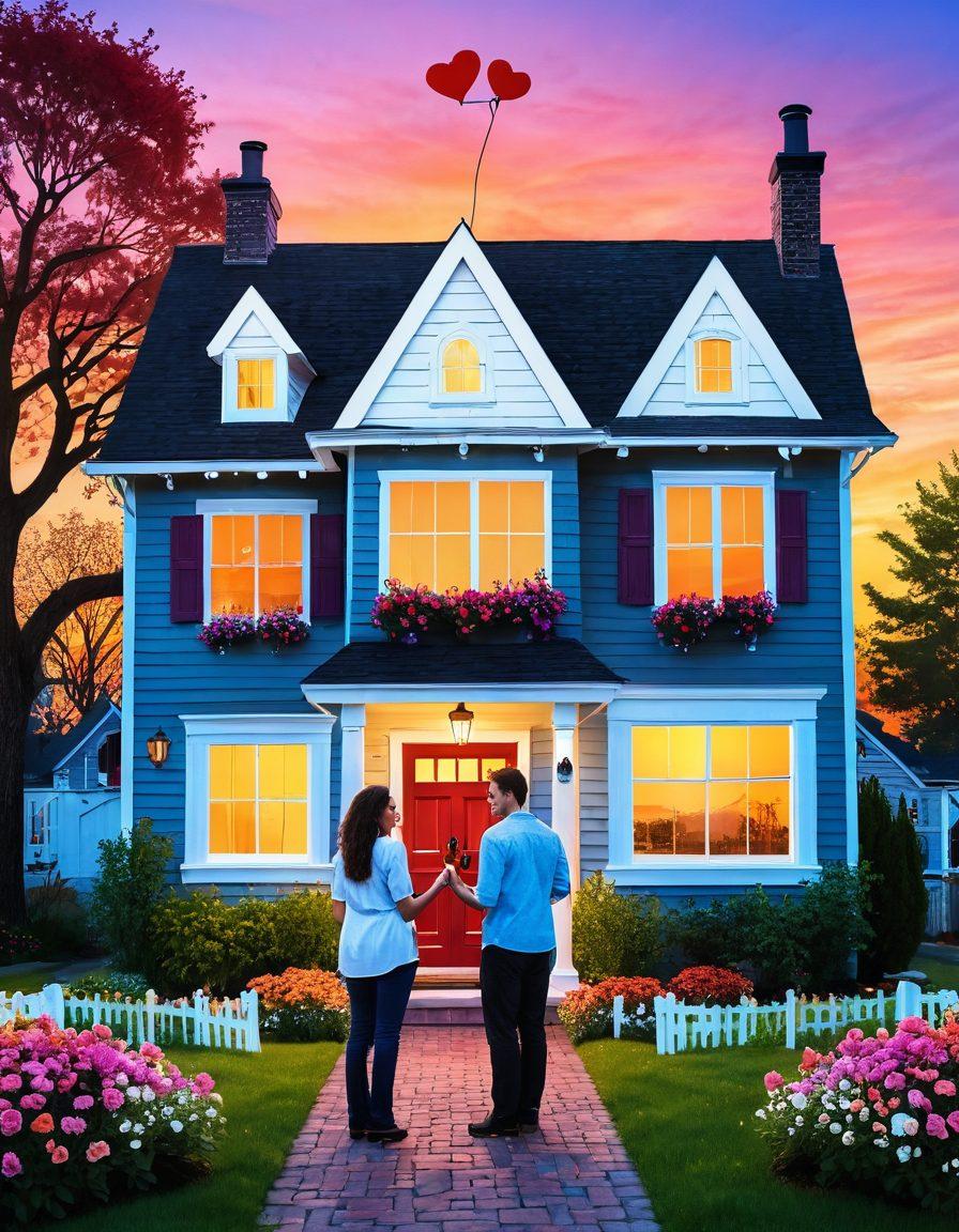 A whimsical scene depicting a couple standing in front of a charming house, surrounded by heart-shaped for-sale signs and floating keys, symbolizing the connection between real estate and love. The couple is looking at each other with smiles, surrounded by blooming flowers and a glowing sunset backdrop. The scene captures the essence of finding love amidst the housing market. vibrant colors. playful style.