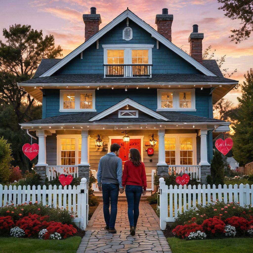 A couple holding hands while standing in front of a charming, cozy house adorned with heart-shaped decorations. In the foreground, elements like 'For Sale' signs and symbolic imagery of love, such as roses or hearts, blend with real estate themes. The background captures a sunset, symbolizing hope and new beginnings. Please include warm, inviting colors to evoke a sense of romance and adventure. vibrant colors. super-realistic.